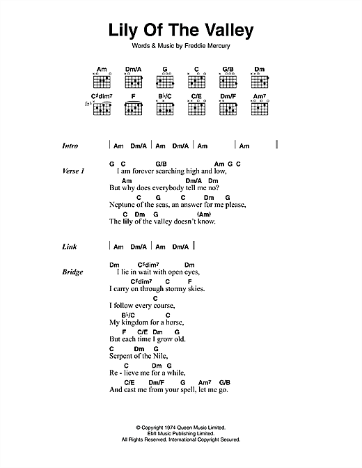 Queen Lily Of The Valley sheet music notes and chords arranged for Guitar Chords/Lyrics