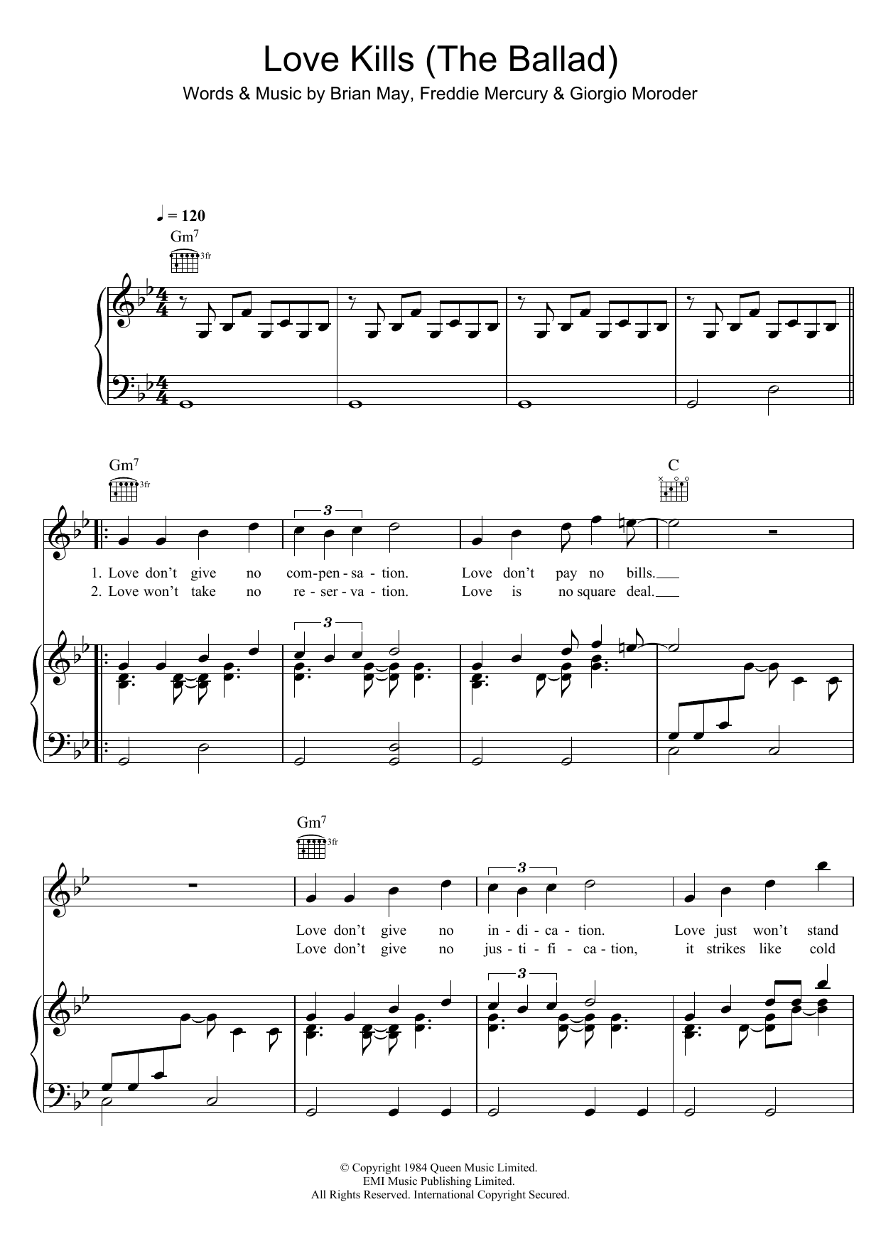 Queen Love Kills (The Ballad) sheet music notes and chords arranged for Piano, Vocal & Guitar Chords