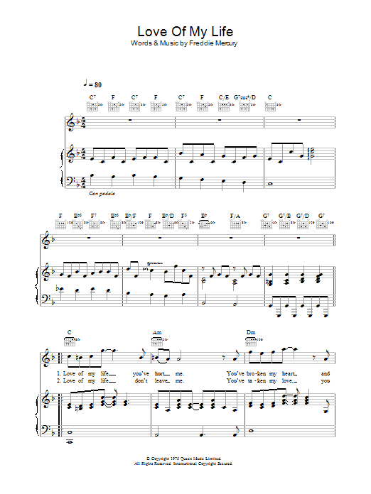 Queen Love Of My Life sheet music notes and chords arranged for Keyboard Transcription