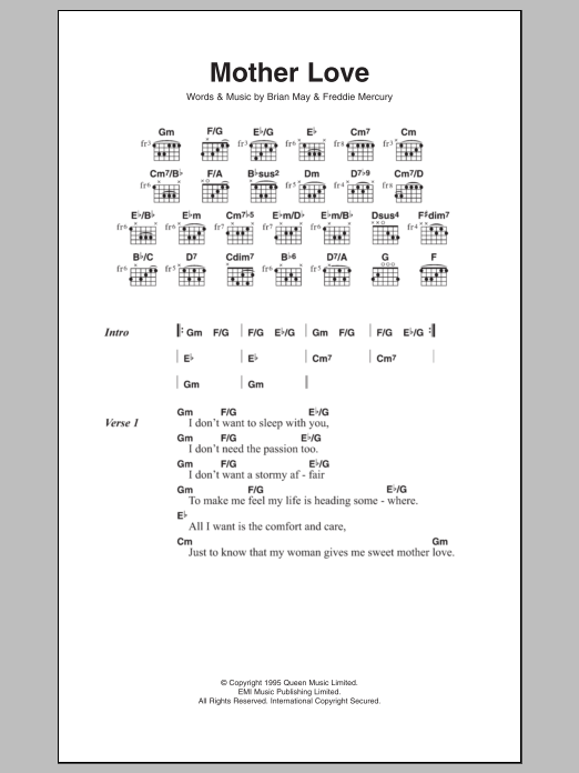 Queen Mother Love sheet music notes and chords arranged for Guitar Chords/Lyrics