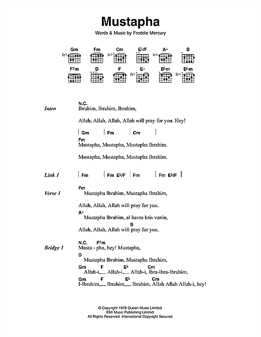 Queen Mustapha sheet music notes and chords arranged for Guitar Chords/Lyrics