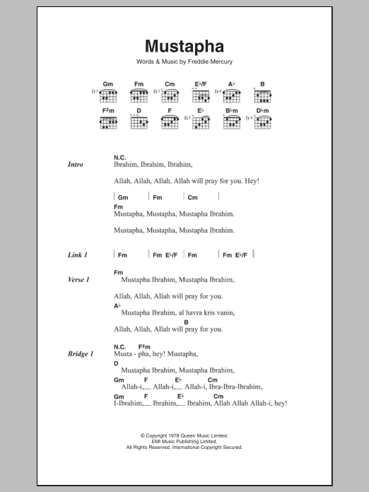 Queen Mustapha sheet music notes and chords arranged for Guitar Chords/Lyrics
