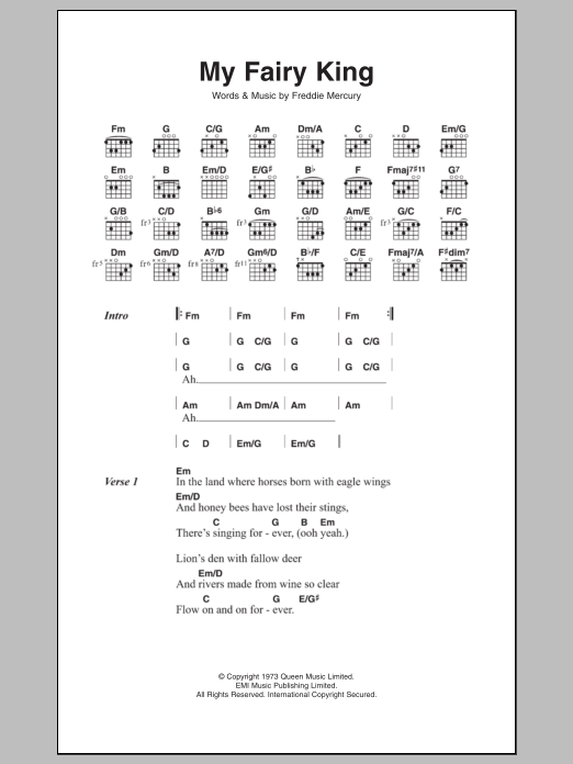 Queen My Fairy King sheet music notes and chords arranged for Guitar Chords/Lyrics