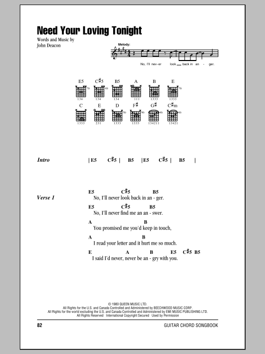 Queen Need Your Loving Tonight sheet music notes and chords arranged for Guitar Chords/Lyrics