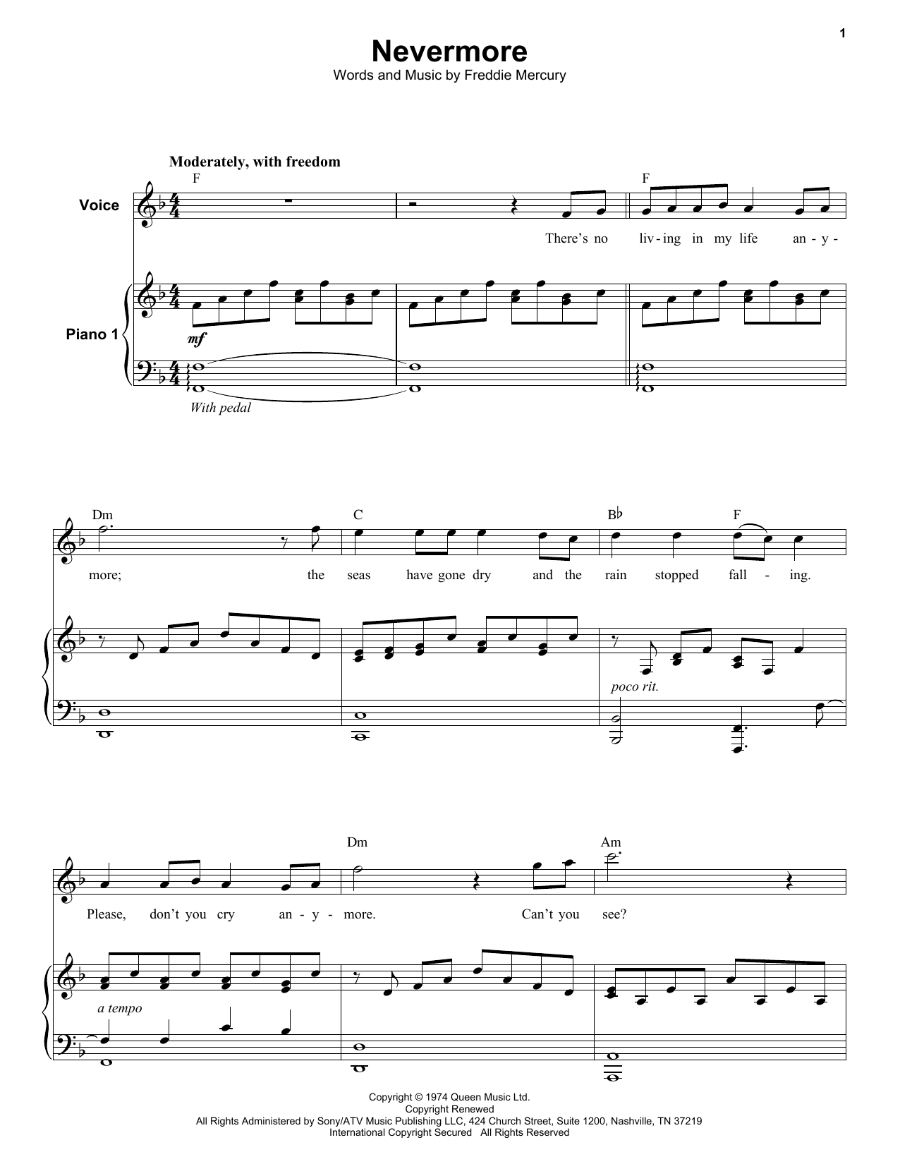 Queen Nevermore sheet music notes and chords arranged for Keyboard Transcription