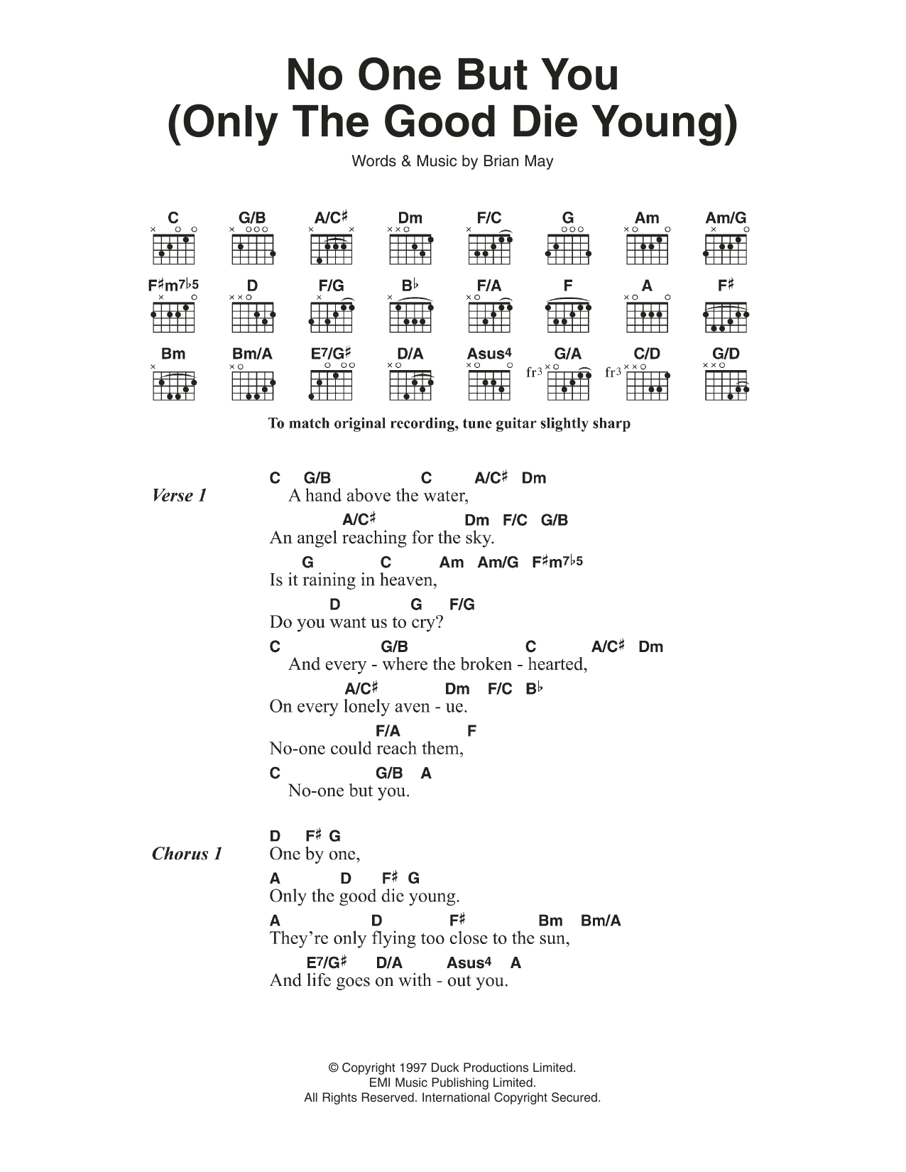 Queen No One But You (Only The Good Die Young) (from We Will Rock You) sheet music notes and chords arranged for Guitar Chords/Lyrics