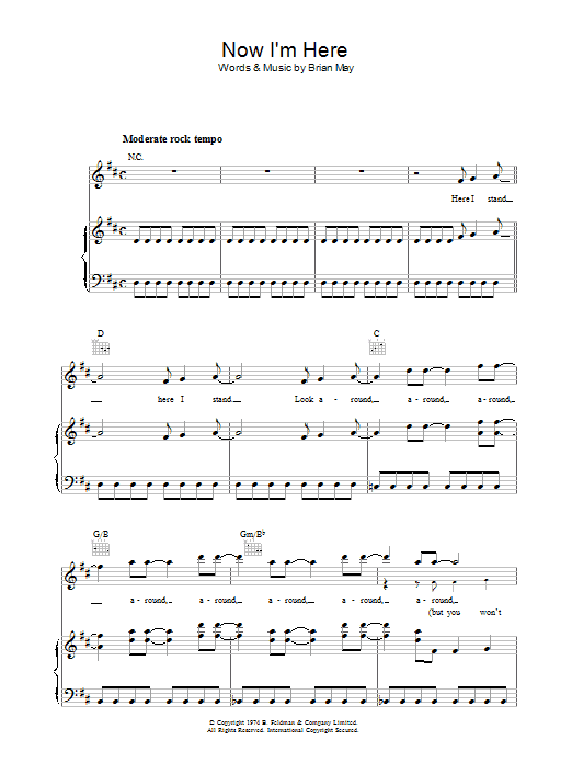 Queen Now I'm Here sheet music notes and chords arranged for Piano, Vocal & Guitar Chords (Right-Hand Melody)
