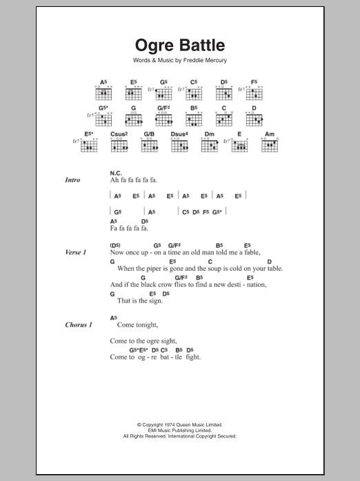 Queen Ogre Battle sheet music notes and chords arranged for Guitar Chords/Lyrics