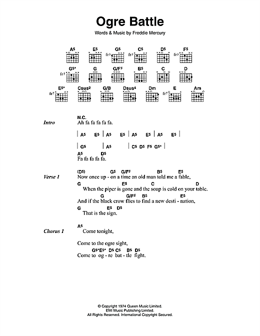 Queen Ogre Battle sheet music notes and chords arranged for Guitar Chords/Lyrics