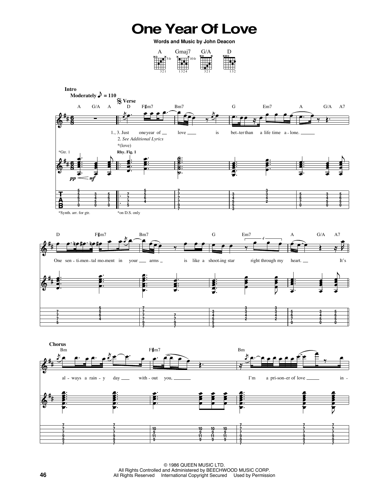 Queen One Year Of Love sheet music notes and chords arranged for Guitar Tab