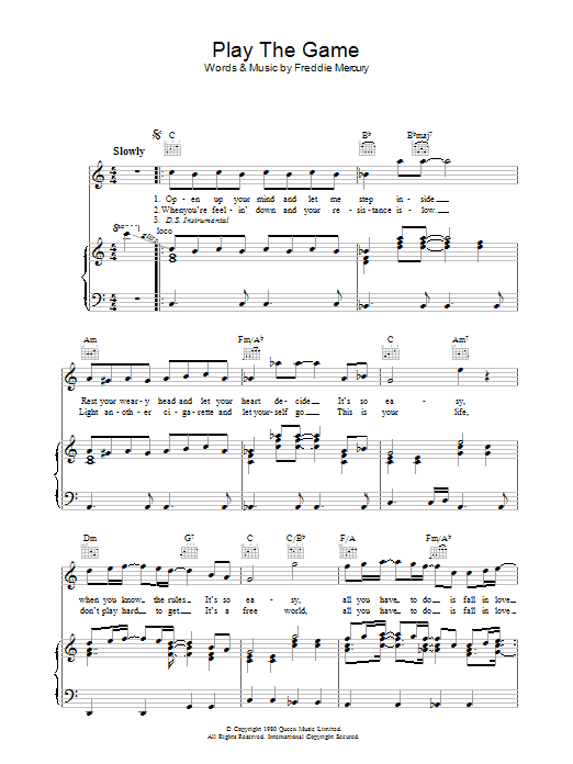 Queen Play The Game sheet music notes and chords arranged for Piano, Vocal & Guitar Chords (Right-Hand Melody)