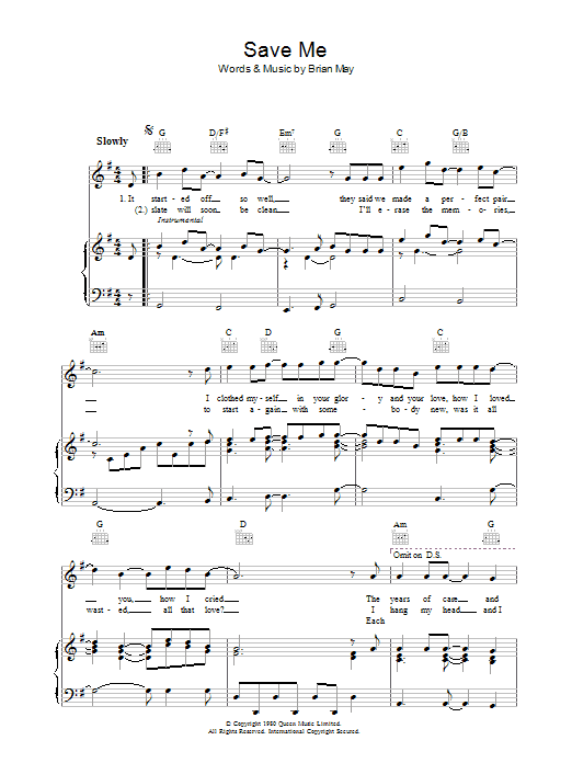 Queen Save Me sheet music notes and chords arranged for Piano, Vocal & Guitar Chords (Right-Hand Melody)