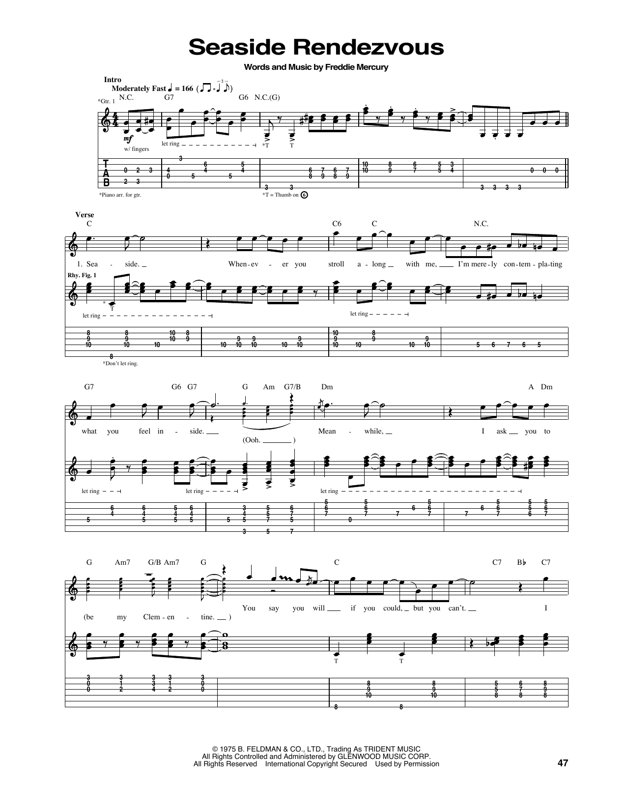 Queen Seaside Rendezvous sheet music notes and chords arranged for Guitar Tab