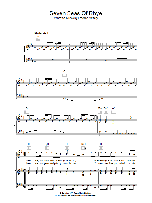 Queen Seven Seas Of Rhye sheet music notes and chords arranged for Transcribed Score