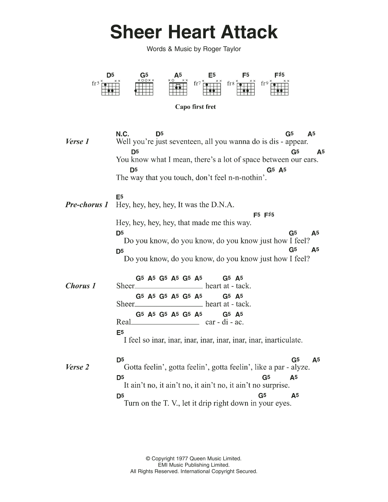 Queen Sheer Heart Attack sheet music notes and chords arranged for Guitar Chords/Lyrics