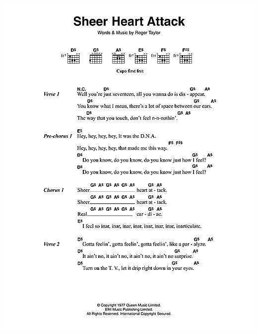 Queen Sheer Heart Attack sheet music notes and chords arranged for Guitar Chords/Lyrics