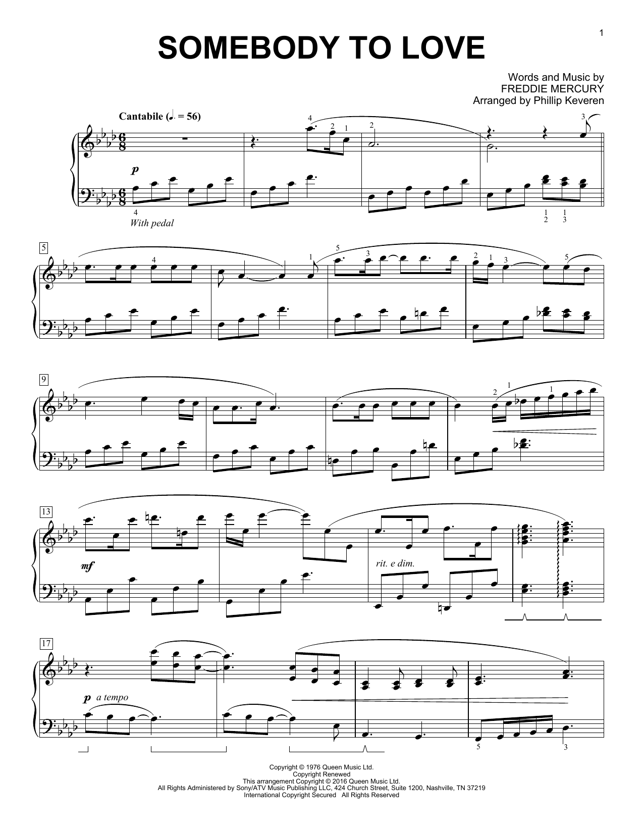 Queen Somebody To Love [Classical version] (arr. Phillip Keveren) sheet music notes and chords arranged for Piano Solo