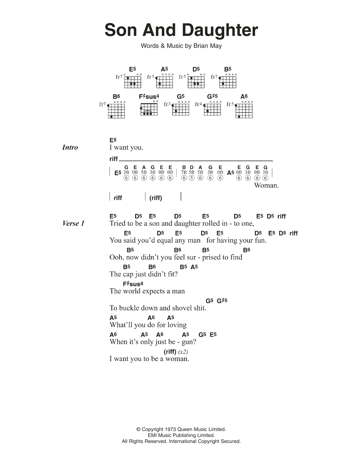 Queen Son And Daughter sheet music notes and chords arranged for Guitar Chords/Lyrics