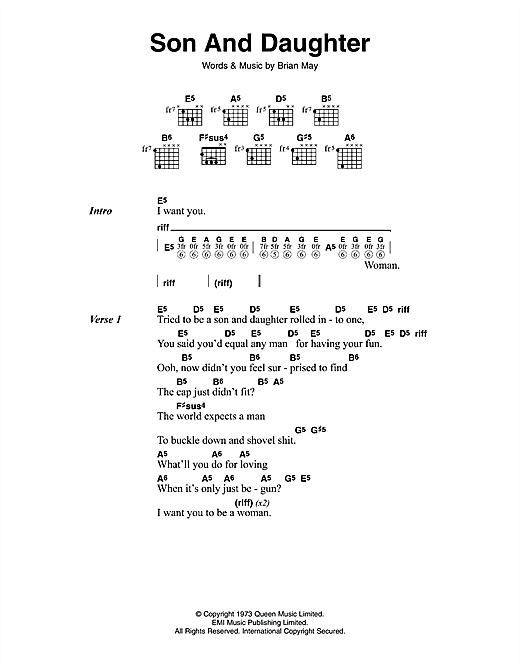Queen Son And Daughter sheet music notes and chords arranged for Guitar Chords/Lyrics