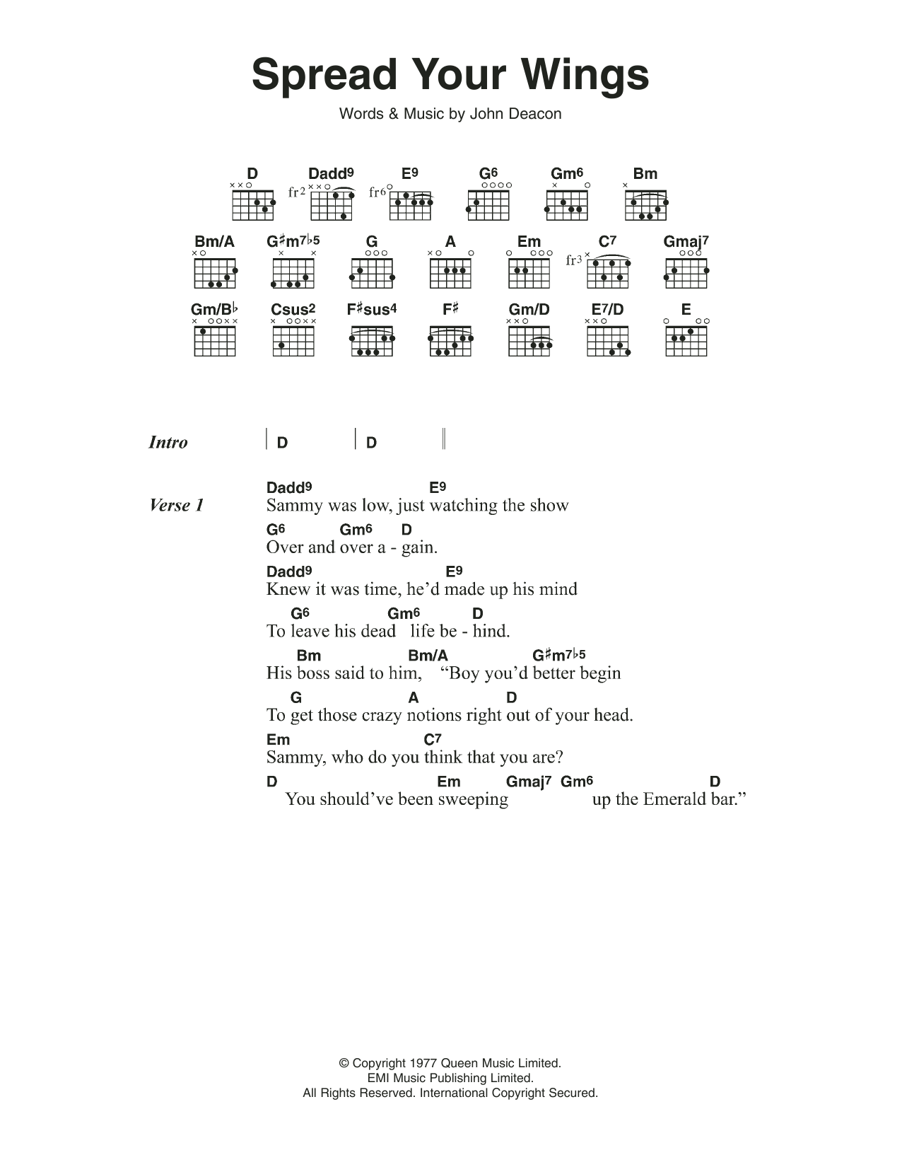 Queen Spread Your Wings sheet music notes and chords arranged for Guitar Chords/Lyrics