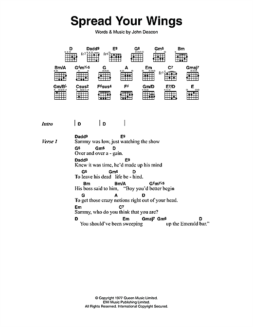 Queen Spread Your Wings sheet music notes and chords arranged for Guitar Chords/Lyrics