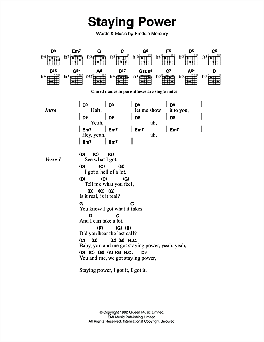Queen Staying Power sheet music notes and chords arranged for Guitar Chords/Lyrics