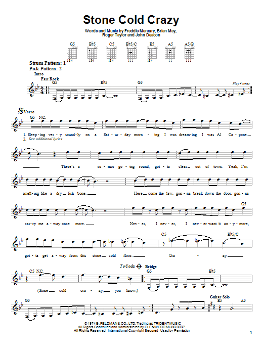 Queen Stone Cold Crazy sheet music notes and chords arranged for Guitar Tab