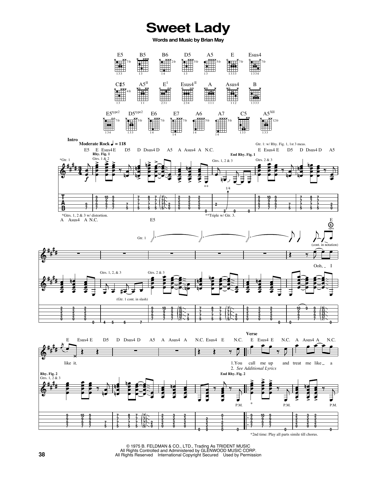 Queen Sweet Lady sheet music notes and chords arranged for Guitar Tab