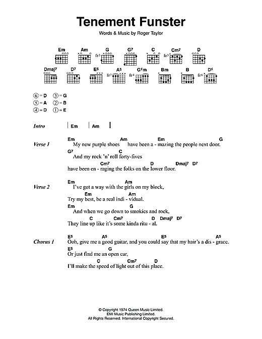 Queen Tenement Funster sheet music notes and chords arranged for Guitar Chords/Lyrics