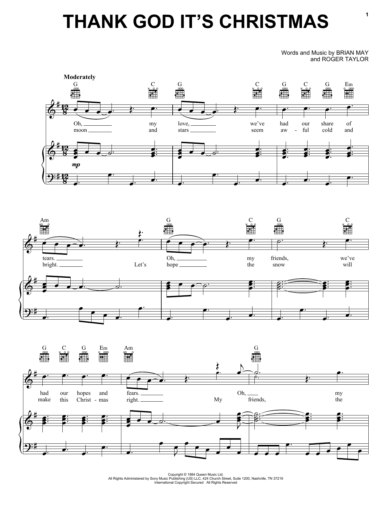 Queen Thank God It's Christmas sheet music notes and chords arranged for Piano, Vocal & Guitar Chords (Right-Hand Melody)