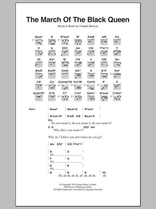 Queen The March Of The Black Queen sheet music notes and chords arranged for Guitar Chords/Lyrics