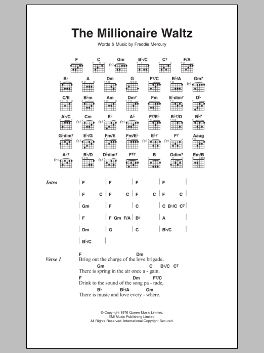 Queen The Millionaire Waltz sheet music notes and chords arranged for Guitar Chords/Lyrics
