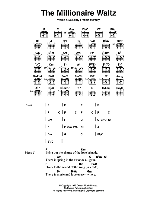 Queen The Millionaire Waltz sheet music notes and chords arranged for Guitar Chords/Lyrics