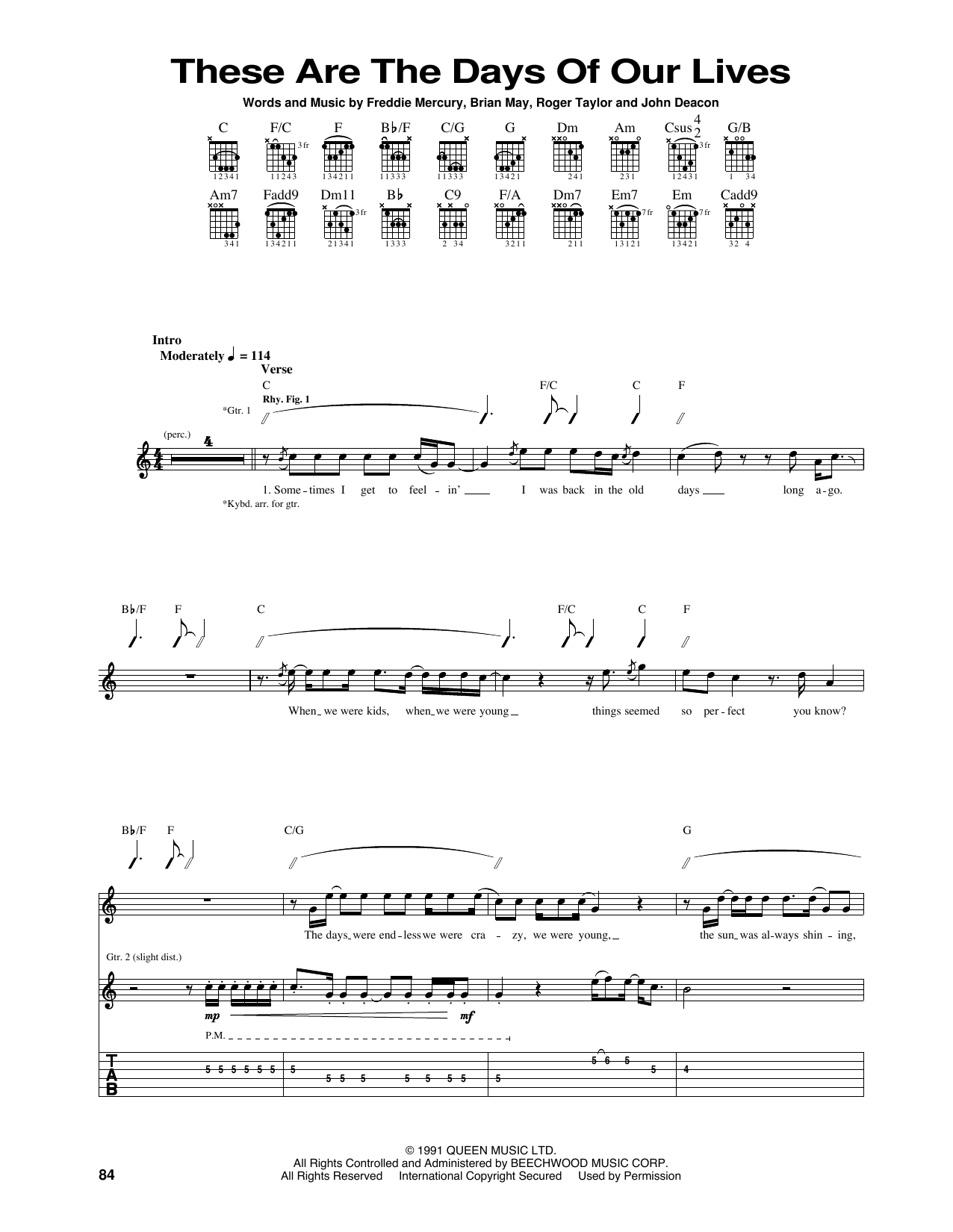 Queen These Are The Days Of Our Lives sheet music notes and chords arranged for Guitar Chords/Lyrics