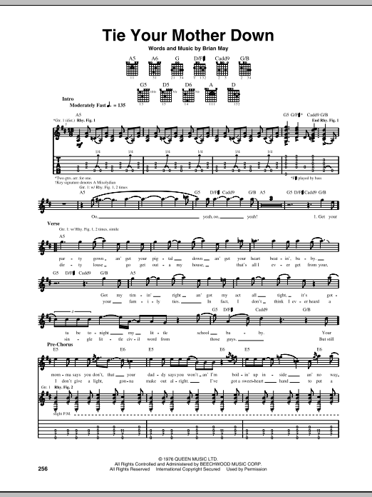 Queen Tie Your Mother Down sheet music notes and chords arranged for Guitar Chords/Lyrics