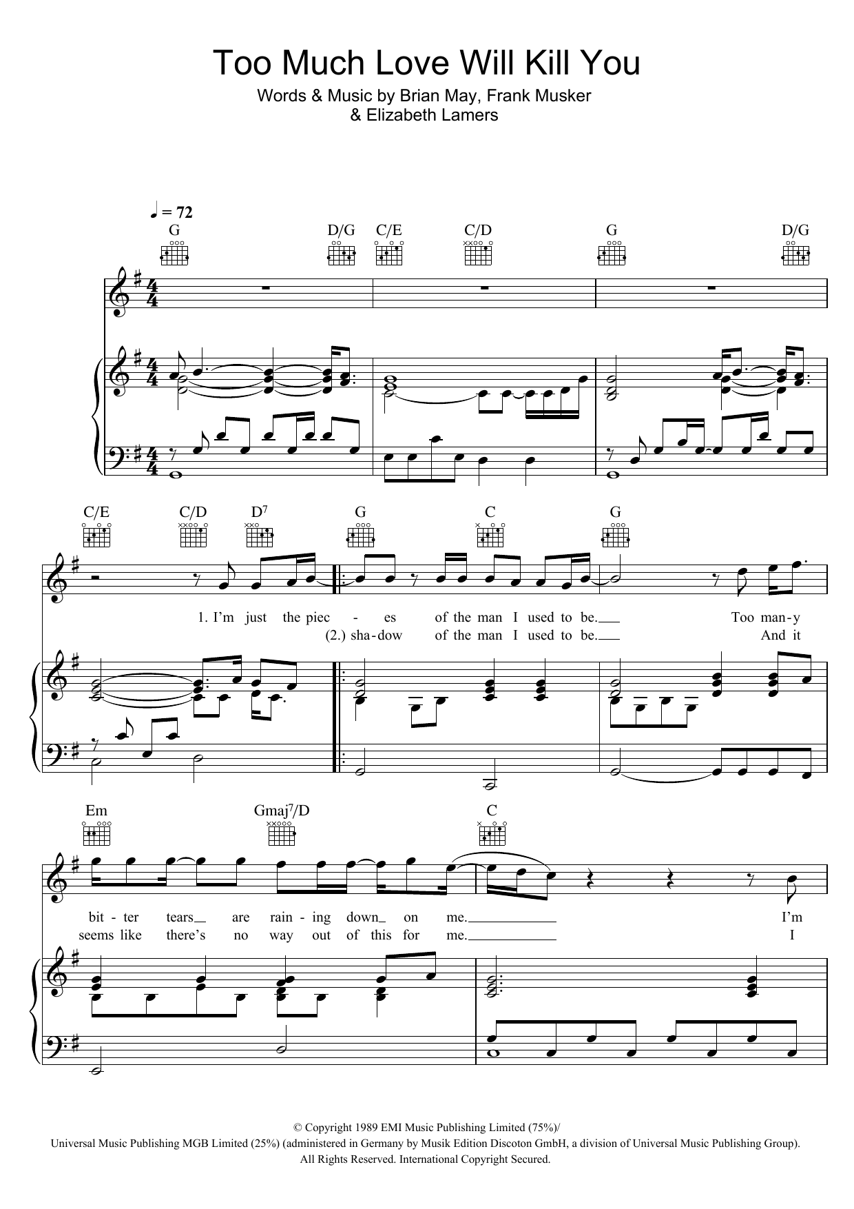 Queen Too Much Love Will Kill You sheet music notes and chords arranged for Transcribed Score