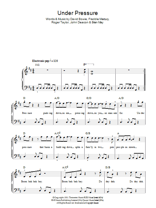 Queen Under Pressure sheet music notes and chords arranged for Transcribed Score