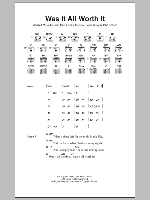 Queen Was It All Worth It sheet music notes and chords arranged for Guitar Chords/Lyrics