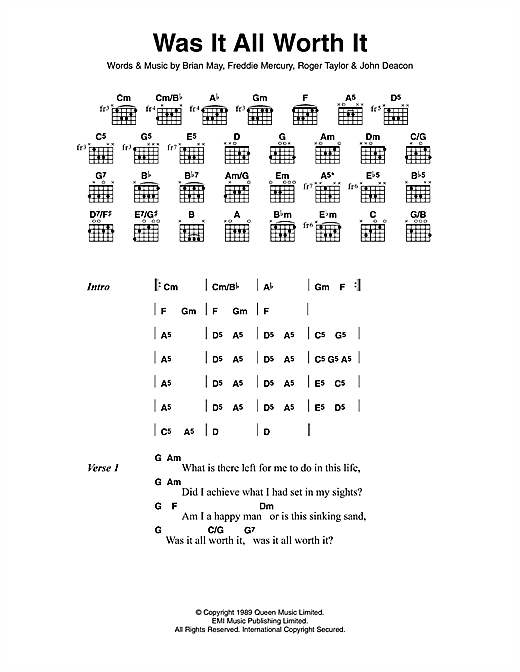 Queen Was It All Worth It sheet music notes and chords arranged for Guitar Chords/Lyrics