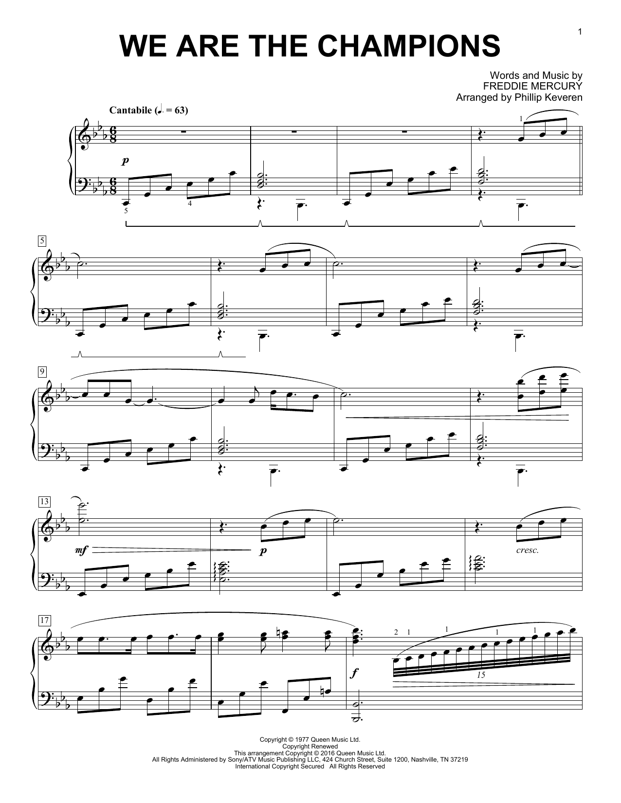 Queen We Are The Champions [Classical version] (arr. Phillip Keveren) sheet music notes and chords arranged for Piano Solo