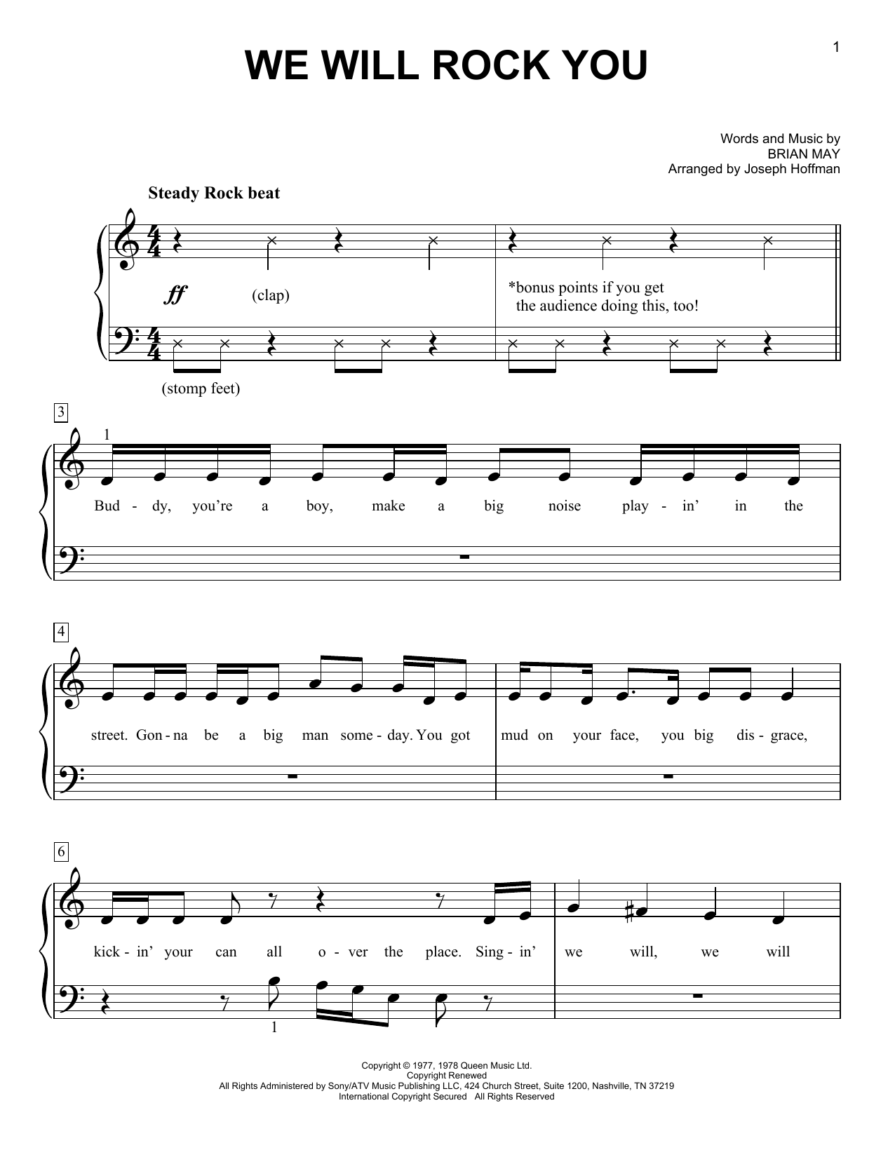 Queen We Will Rock You (arr. Joseph Hoffman) sheet music notes and chords arranged for Easy Piano