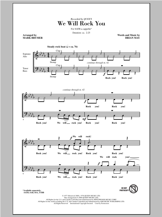 Queen We Will Rock You (arr. Mark Brymer) sheet music notes and chords arranged for SATB Choir