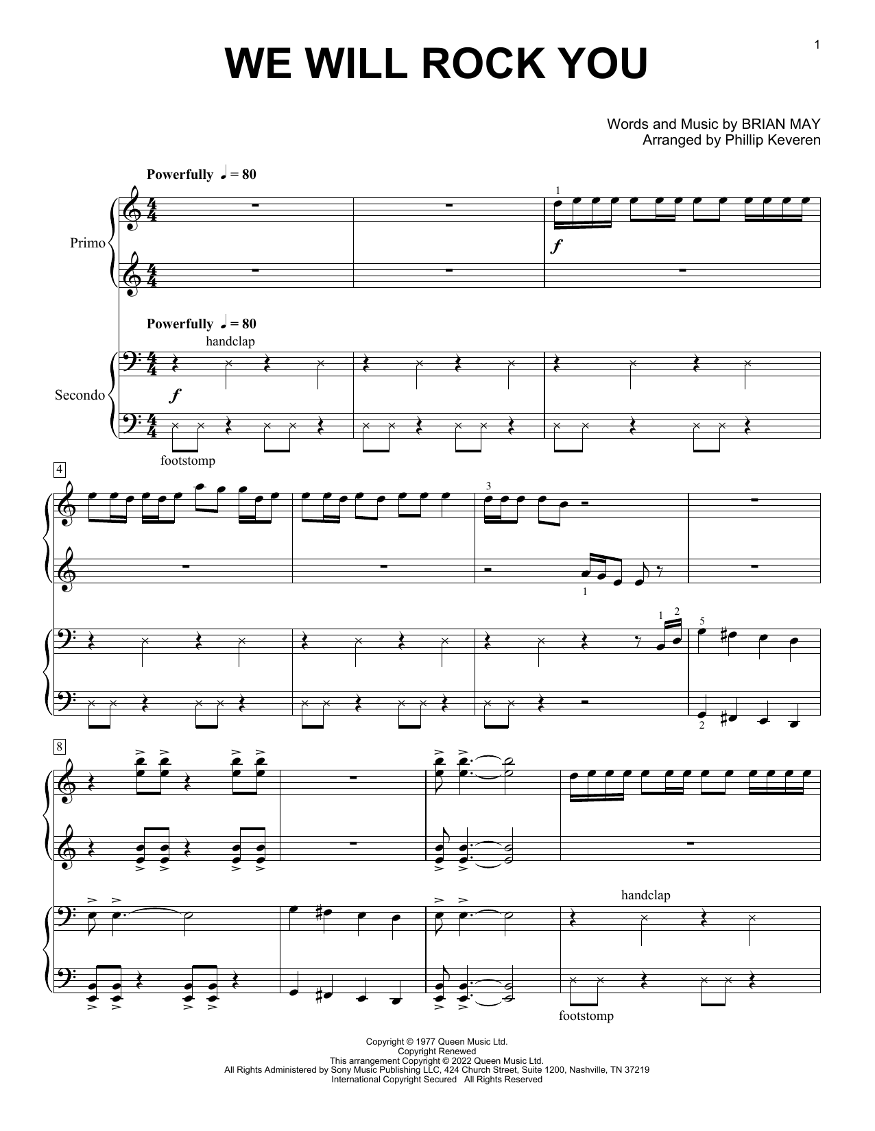 Queen We Will Rock You (arr. Phillip Keveren) sheet music notes and chords arranged for Piano Duet