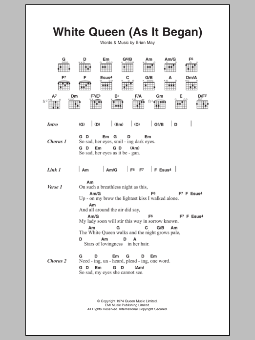 Queen White Queen (As It Began) sheet music notes and chords arranged for Guitar Chords/Lyrics