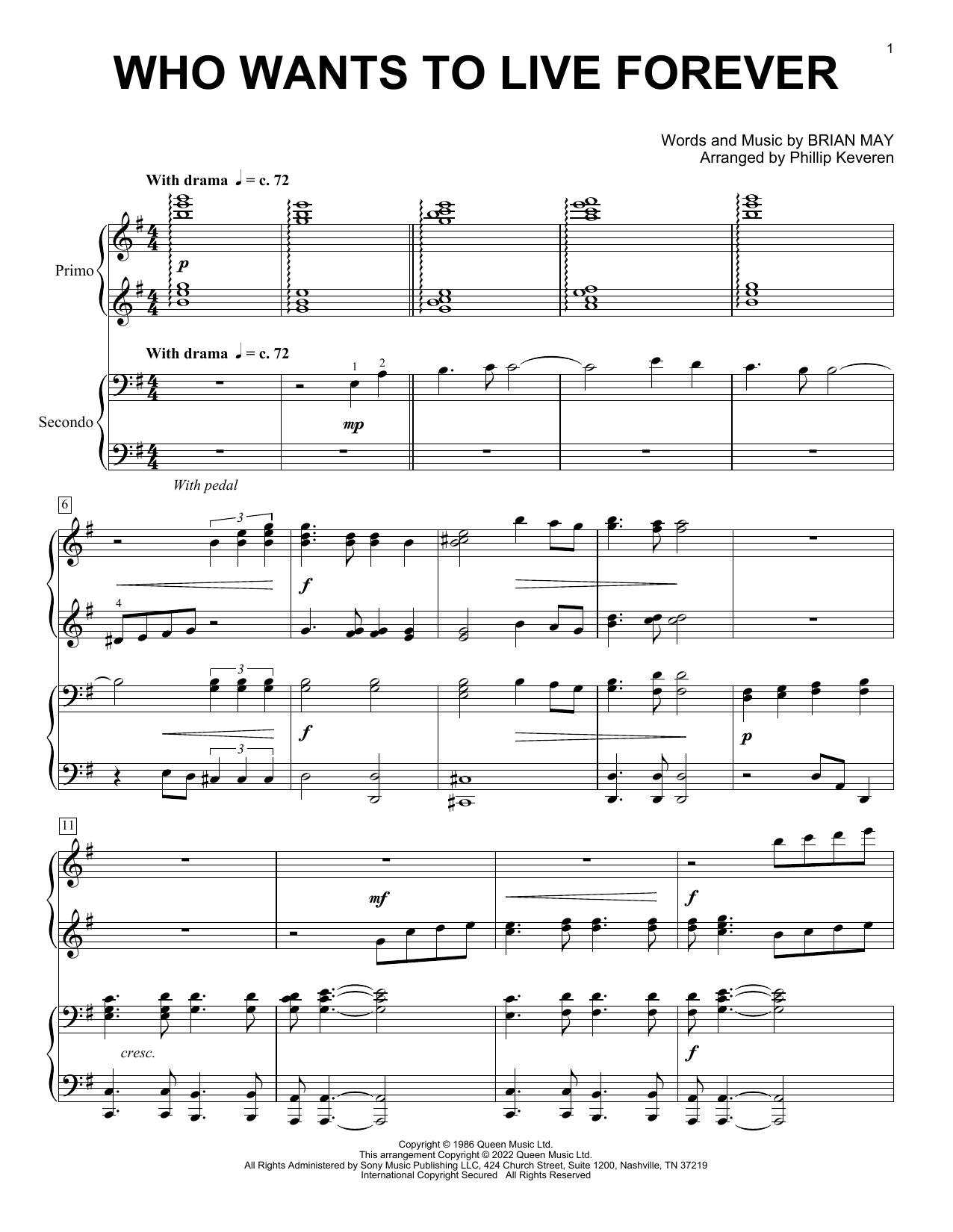 Queen Who Wants To Live Forever (arr. Phillip Keveren) sheet music notes and chords arranged for Piano Duet