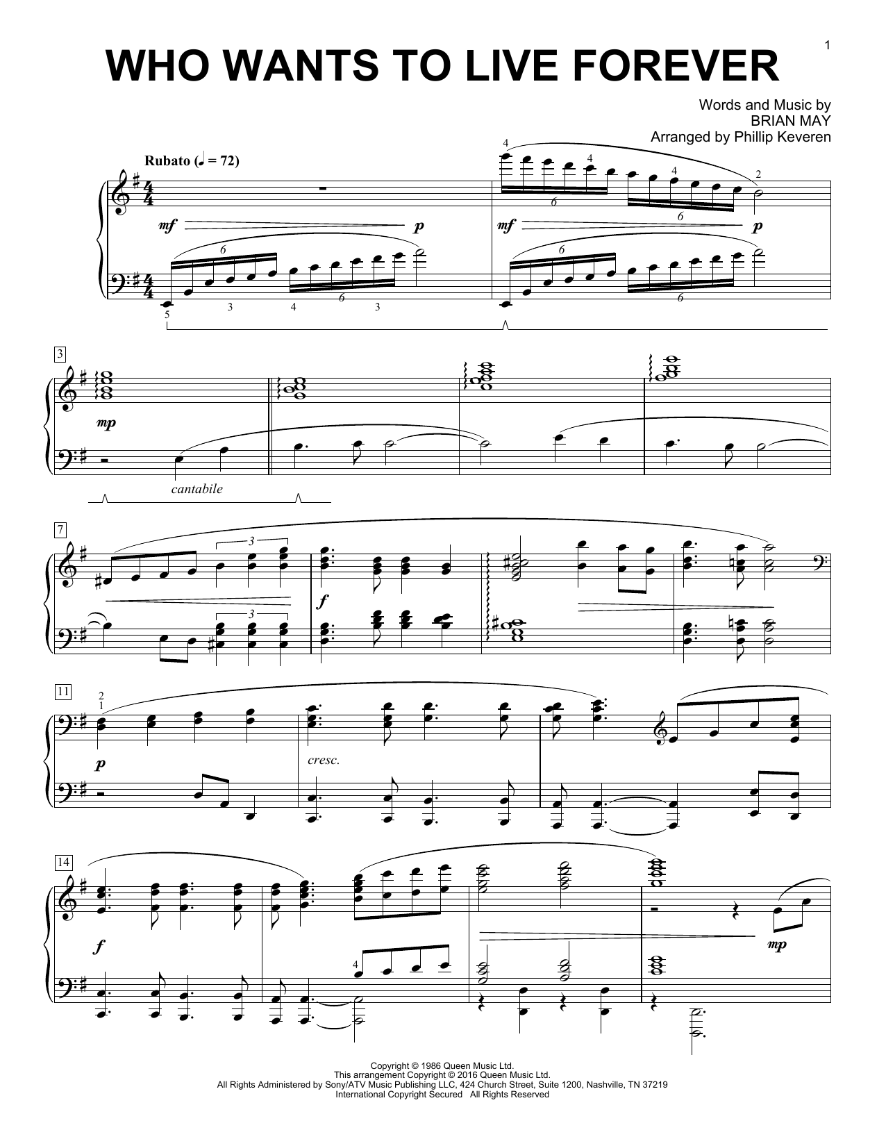 Queen Who Wants To Live Forever [Classical version] (arr. Phillip Keveren) sheet music notes and chords arranged for Piano Solo