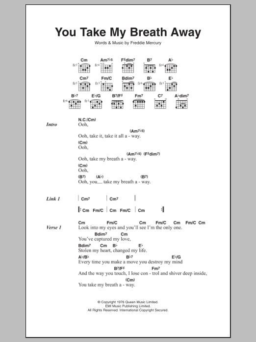 Queen You Take My Breath Away sheet music notes and chords arranged for Guitar Chords/Lyrics