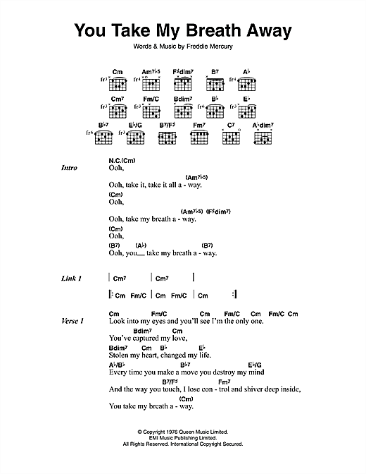Queen You Take My Breath Away sheet music notes and chords arranged for Guitar Chords/Lyrics