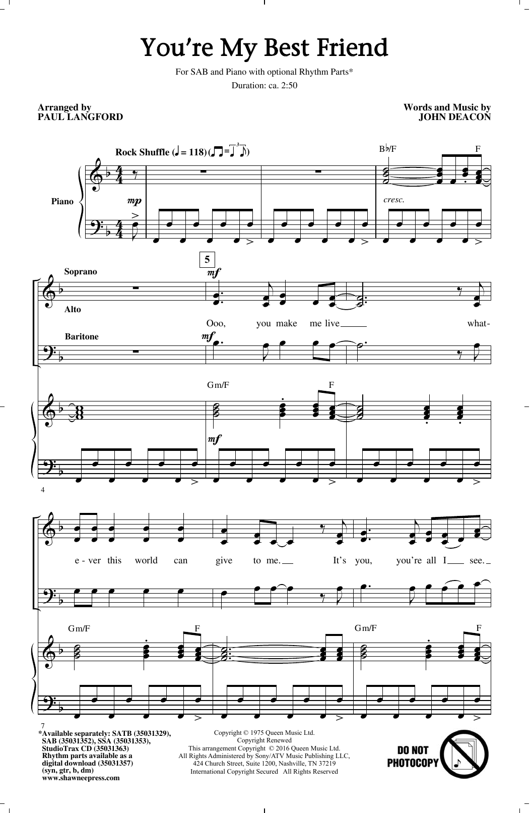 Queen You're My Best Friend (arr. Paul Langford) sheet music notes and chords arranged for SSA Choir