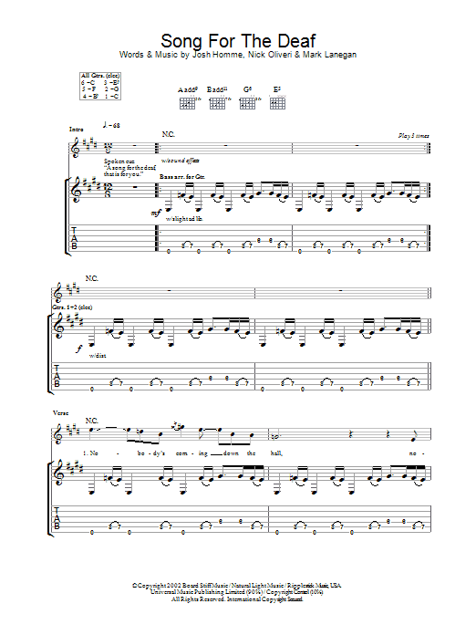 Queens Of The Stone Age A Song For The Deaf sheet music notes and chords arranged for Guitar Tab